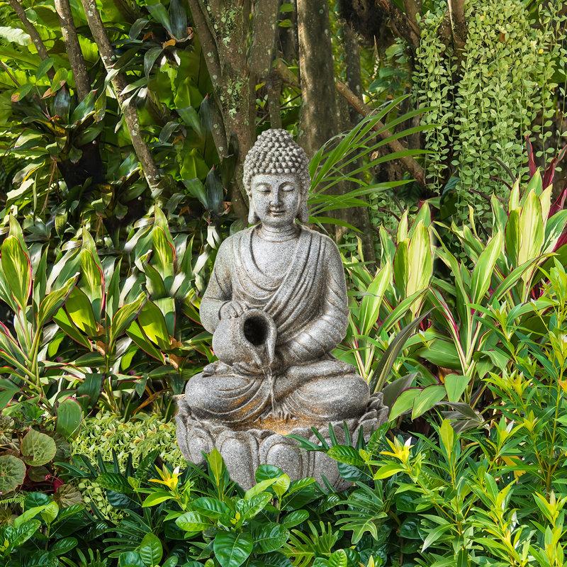 20.5"H Zen Style Concrete Meditating Buddha Statue Polyresin Outdoor Fountain With Pump And LED Light (KD)