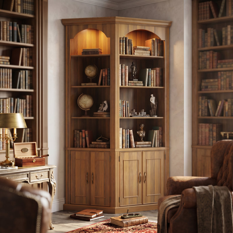 Busby 90.3'' Tall Corner Bookcase With Cabinet Doors, 2 Top Spotlights And 3-Color Lighting, Walnut