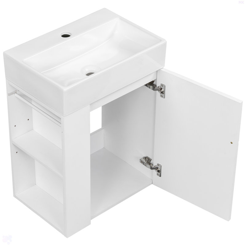 Meuble-lavabo de 20 po avec lavabo en céramique, porte à motif de losanges, poignées dorées et tablettes de rangement latérales - petit cabinet moderne avec barre à serviettes, fabrication en panneau de fibres à densité moyenne, assemblage requis
