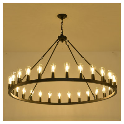 Très grand lustre en roue de chariot de 53,15 pouces, 28 lumières de style campagnard industriel noir avec chaîne réglable pour salle à manger à plafond haut - base E26