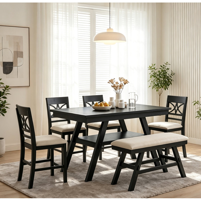 Ensemble de table de salle à manger 6 pièces à hauteur de comptoir en bois avec tablette de rangement, banc et 4 chaises