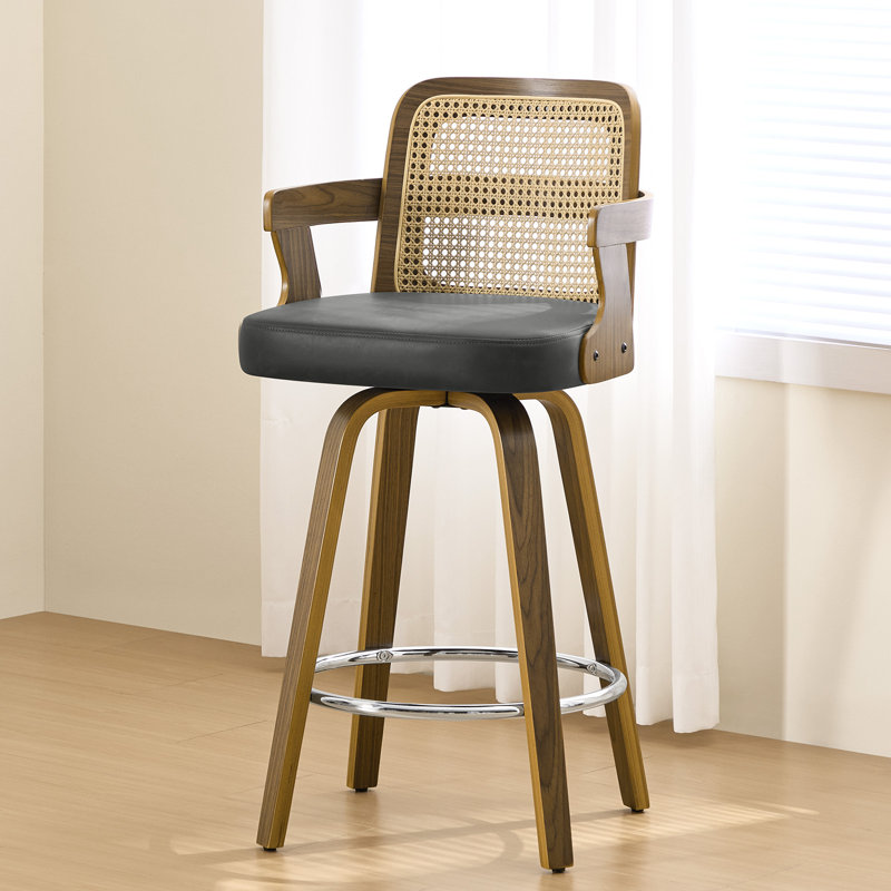 26.77" Upholstered Cane Back Counter & Bar Stool With Armrest, White, 4