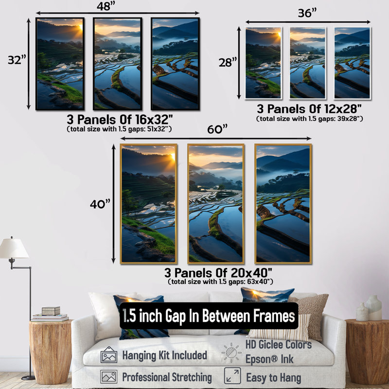 Coucher de soleil sur les champs chatoyants de Chine - art mural Chine, H 40 po x l 61 po, Cadre flottant noir