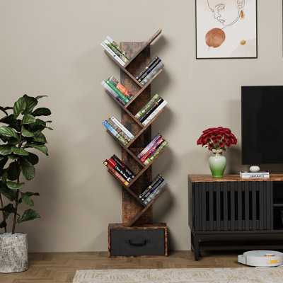 9 Tier Tree Bookshelf With Drawer Bookcase, Modern Book Storage, Free Standing Tree Bookcase, Utility Organizer Shelves