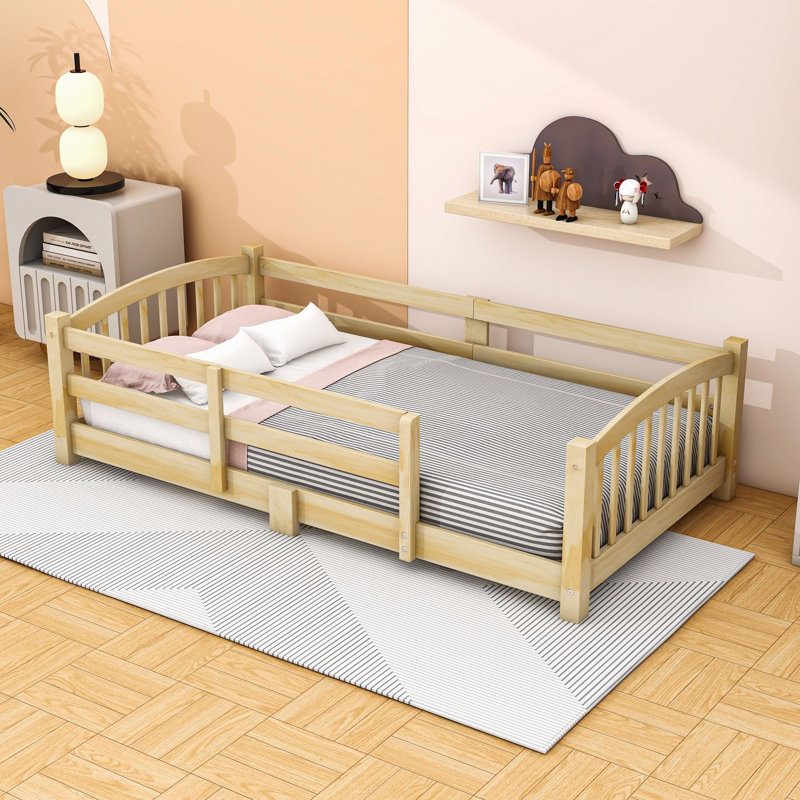 Wood Floor Bed with Safety Guardrails, Natural, Twin