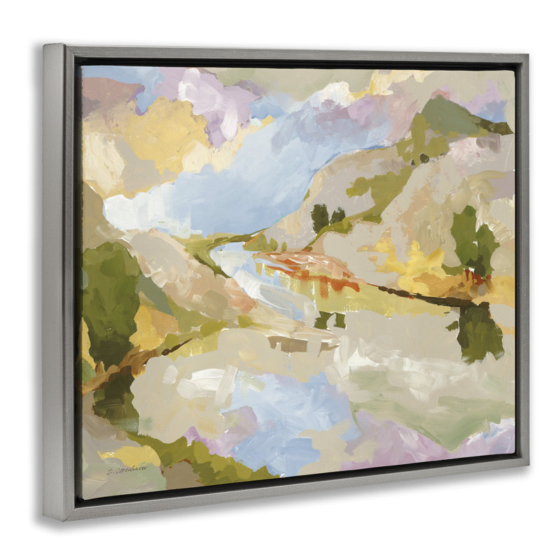 Peinture abstraite à reflet de montagne, H 25 po x l 31 po, Cadre flottant gris