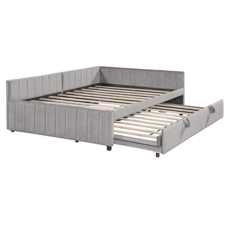 Full Size Upholstered L-Shaped Upholstered Daybed with Twin Size Pop Up Trundle, Gray, Full/Double