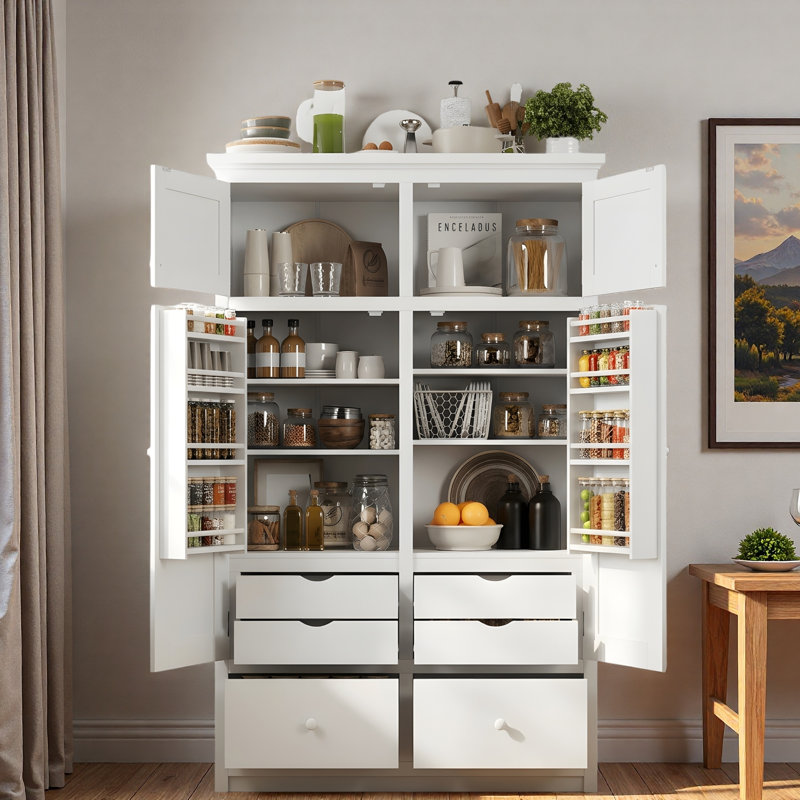Garde-manger autoportant avec 8 tablettes de porte, 4 plateaux coulissants et 2 tiroirs, White