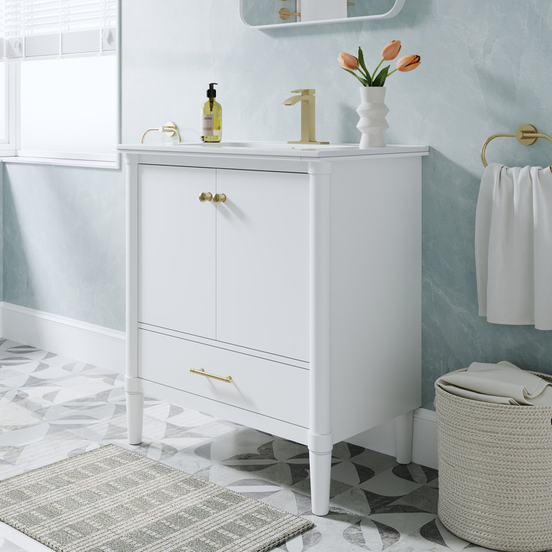 Meuble-lavabo en bois massif l 30 po x H 33 po avec lavabo en céramique Cupc, charnières à fermeture en douceur et poignées en aluminium anodisé doré