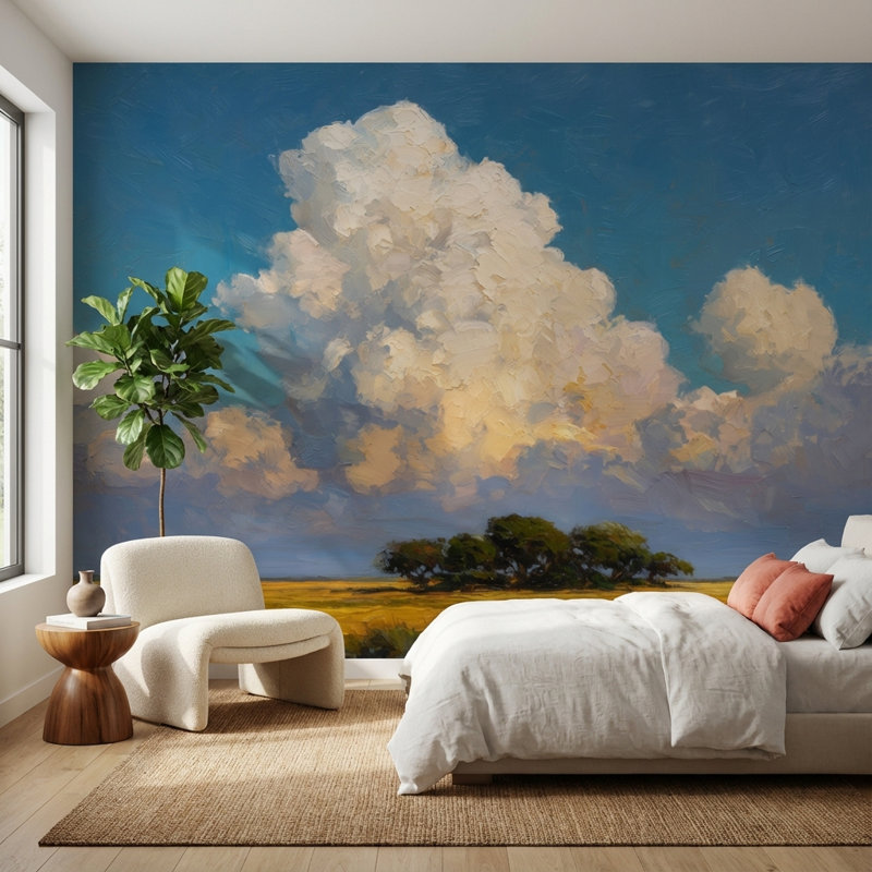 Papier peint nuages paysage impressionniste, 120 po x 96 po, Peler et coller