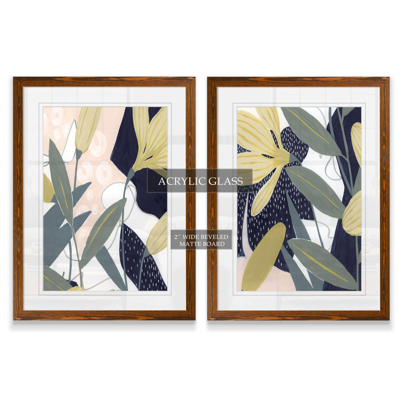 Flores Noche IV - Ensemble de 2 peintures sur toile encadrées, H 20 po x l 32 po x P 1,25 po, Papier avec cadre érable, Blanc