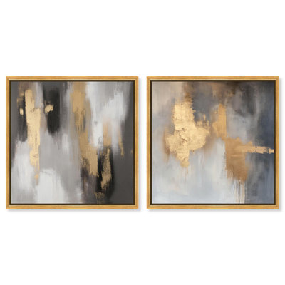 Ensemble de décorations murales « Gold Abyss Duet » sur toile, noir et or, par Art Remedy, cadre noir, 30 x 30 cm