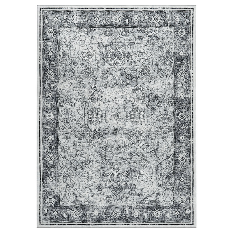 Vintage Washable Area Rug Distressed Floral Non-Slip Carpet Thin Collapsible Traditional Mat for Living Room Bedroom Kitchen Vintage Accent
