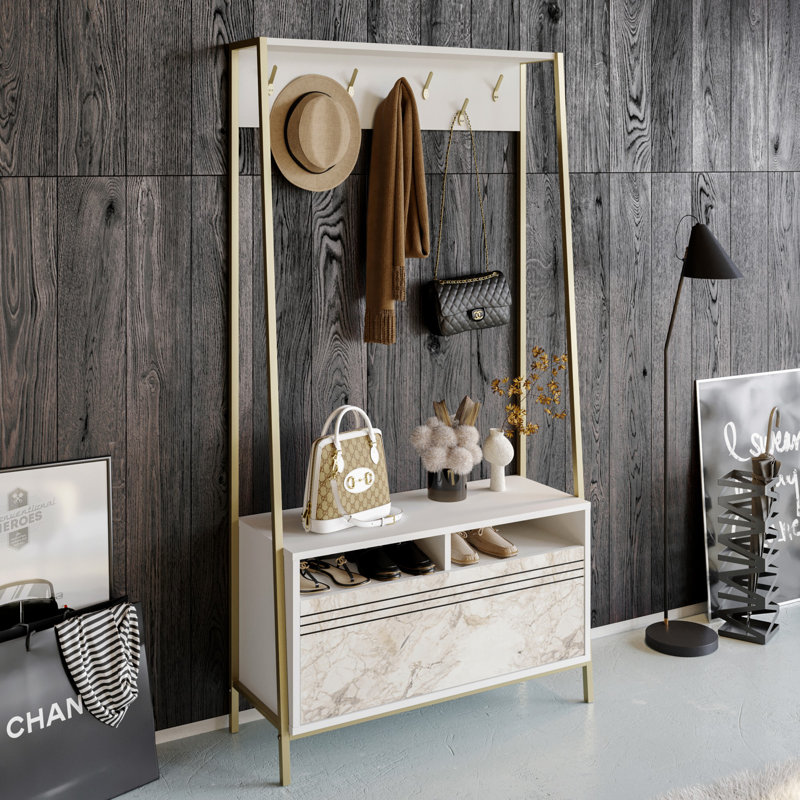 Cesarea Hall Tree with Bench and Shoe Storage, White/Ephesus Gold