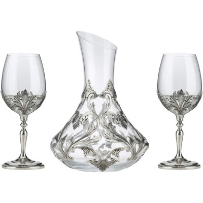 Ensemble de 3 verres en verre JD Pewter, carafe à décanter 48 oz + deux verres de 14 oz, décoré avec un ornement en étain argenté, fabriqué à la main, à l'ancienne