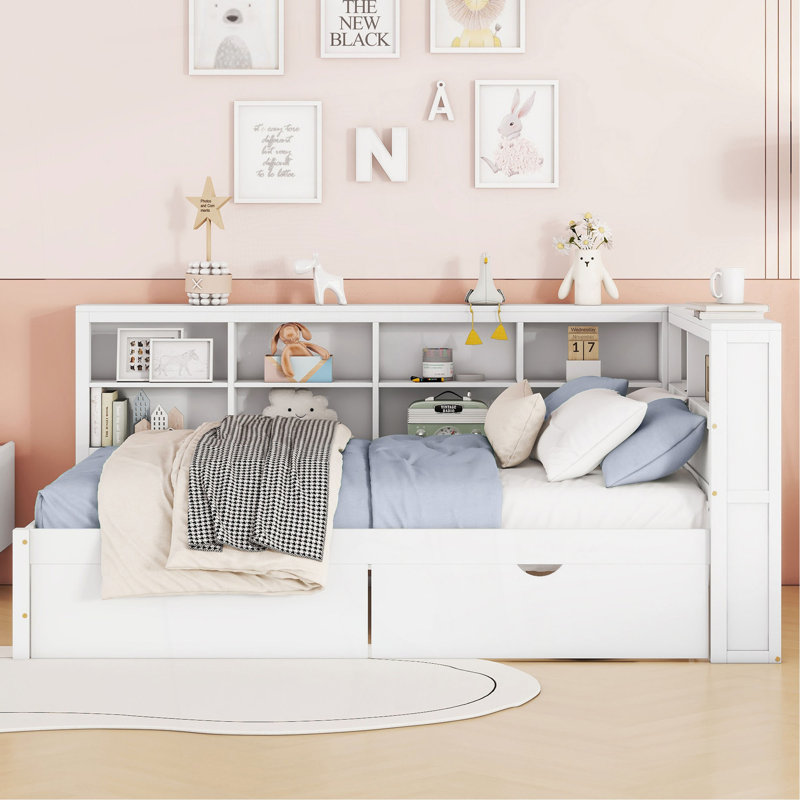 Wooden Full Size Daybed With 2 Drawers, Daybed With Storage Shelf And USB Charging Ports