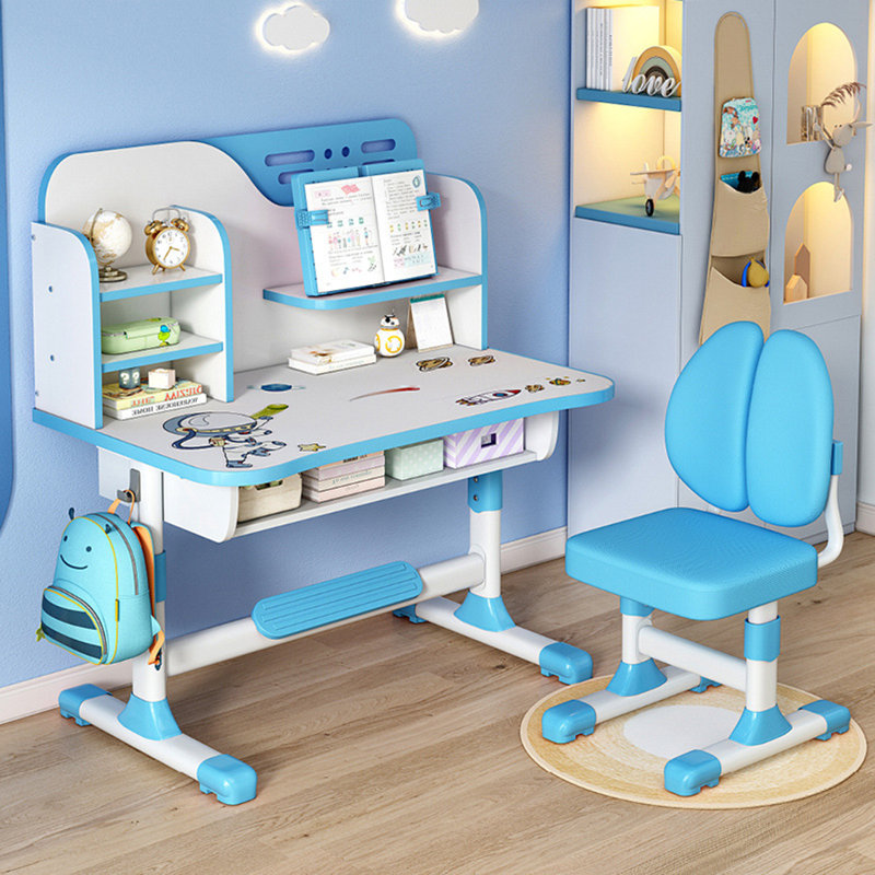 Ensemble de bureau et de chaise pour enfants, tables d'écriture à hauteur réglable pour enfants, bureau pour enfants avec bibliothèque et tiroir de rangement (bleu)
