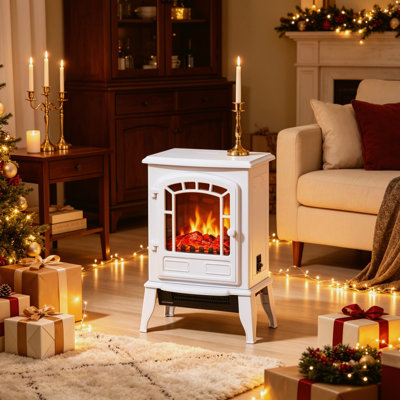 Poêle électrique autoportant 22 po blanc avec effet de flamme réaliste, modes de chauffage double de 750 W et 1500 W, protection contre la surchauffe et le basculement pour une utilisation à l'intérieur de la maison