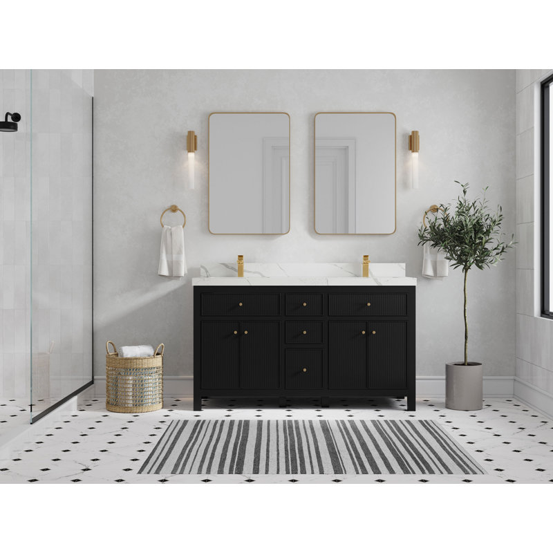 Ensemble de meuble-lavabo double l 60 po, Quartz Calacatta Laza, Noir