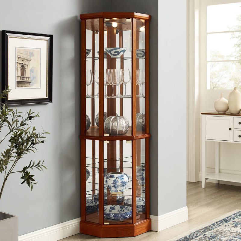 Vitrine ajustable en verre avec miroir, H 24,15 po x l 18,85 po x P 69,46 po, Chêne