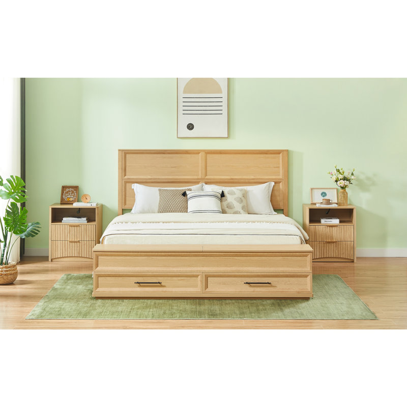 Lit avec tête de lit géométrique 3D et banc de rangement - rangement à 4 tiroirs, Très grand lit, Oak