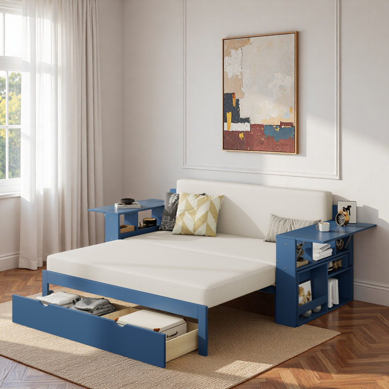 Lit de jour multifonctionnel avec tiroir de rangement, compartiments ouverts et table d'appoint hydraulique, Bleu