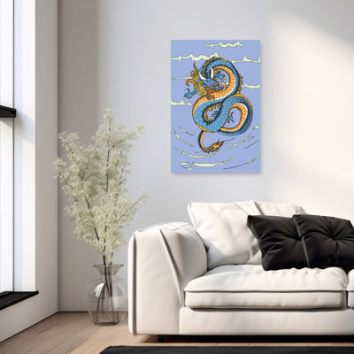 Bleu ciel, dragon, paysage traditionnel vibrant, art mural
