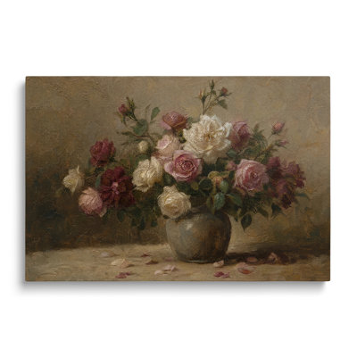 Multicolor Canvas Still Life Oil Painting, Painterly Vase and Roses Wall Art for Living Room Dining Room and Bedroom