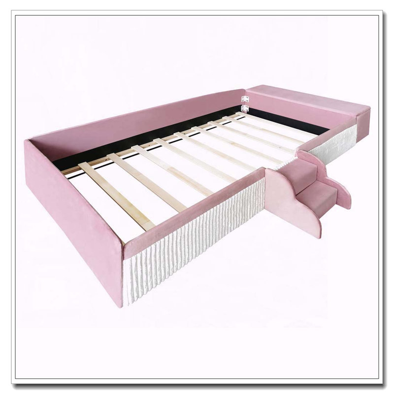 Lit de jour rembourré en velours avec escalier, repose-pieds avec vérin à gaz, Lit simple, Rose et blanc