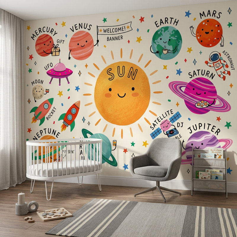 Adhésif mural à espace solaire, 100 po x 96 po, Peler et coller