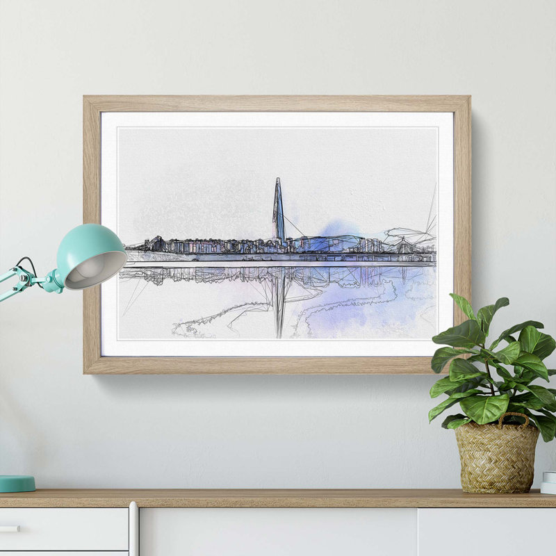 Seoul Skyline in South Korea in Abstract - Picture Frame Graphic Art Print, Oak, 60cm H x 91cm W x 2cm D