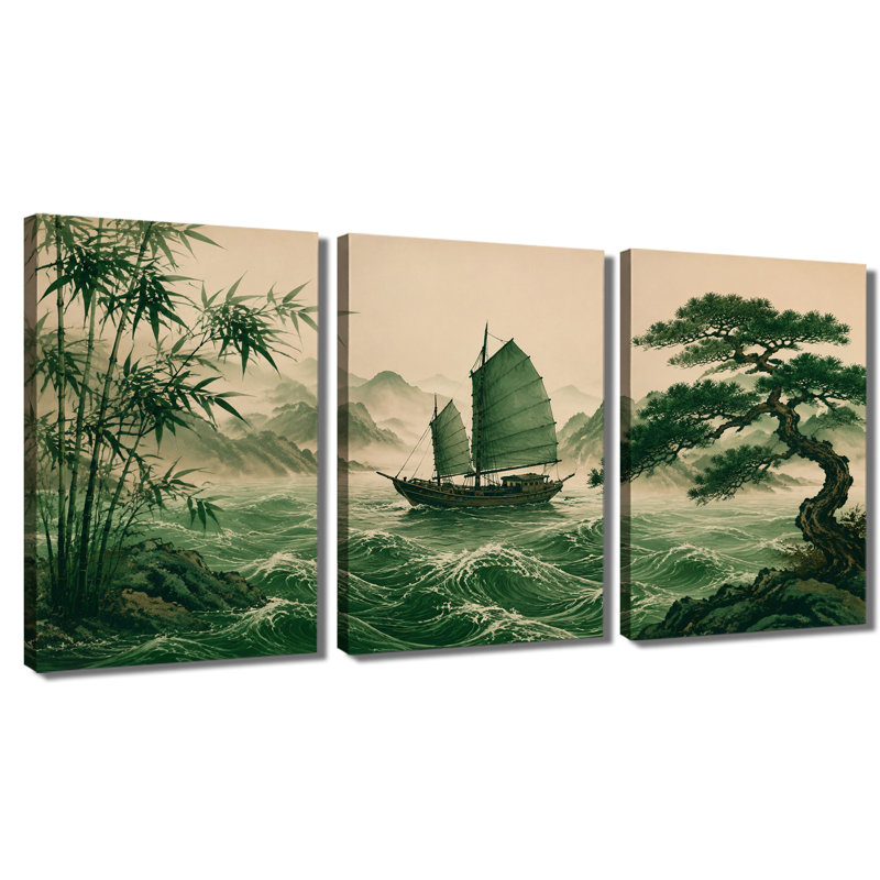 3 panneaux muraux, voilier chinois rétro, impression sur toile, 28 * 40 pouces * 3