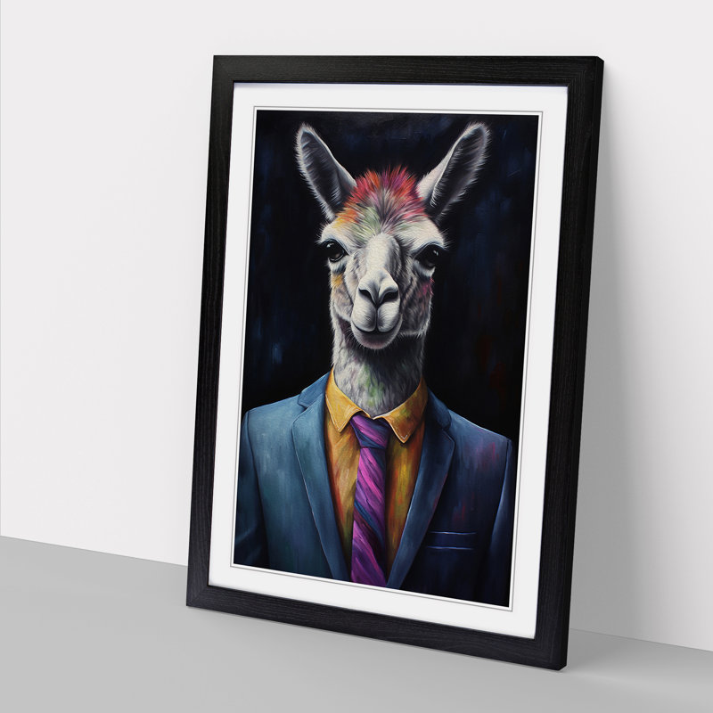 Llama In A Suit Painting No.2 - Single Picture Frame Print on Wood, 46cm H x 34cm W x 2cm D, Black Framed