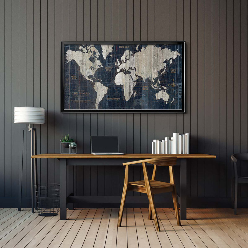 Ancienne carte du monde bleue Mehdi ‑ reproduction imprimée sur toile encadrée, Noir