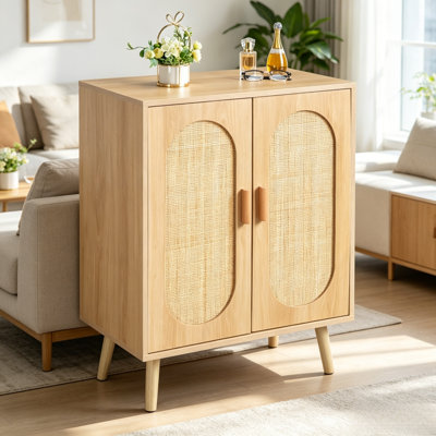 Natural Rattan Double Door Decorative Storage Cabinet With Four Levels Of Storage Space, Adjustable Compartments, Medieval And Modern Side Panels