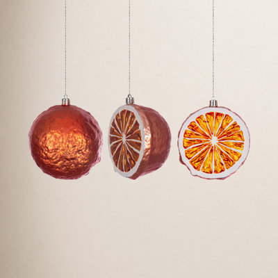 Ornement en forme de fruit orange de 4 po. Chaque sac comprend six ornements.