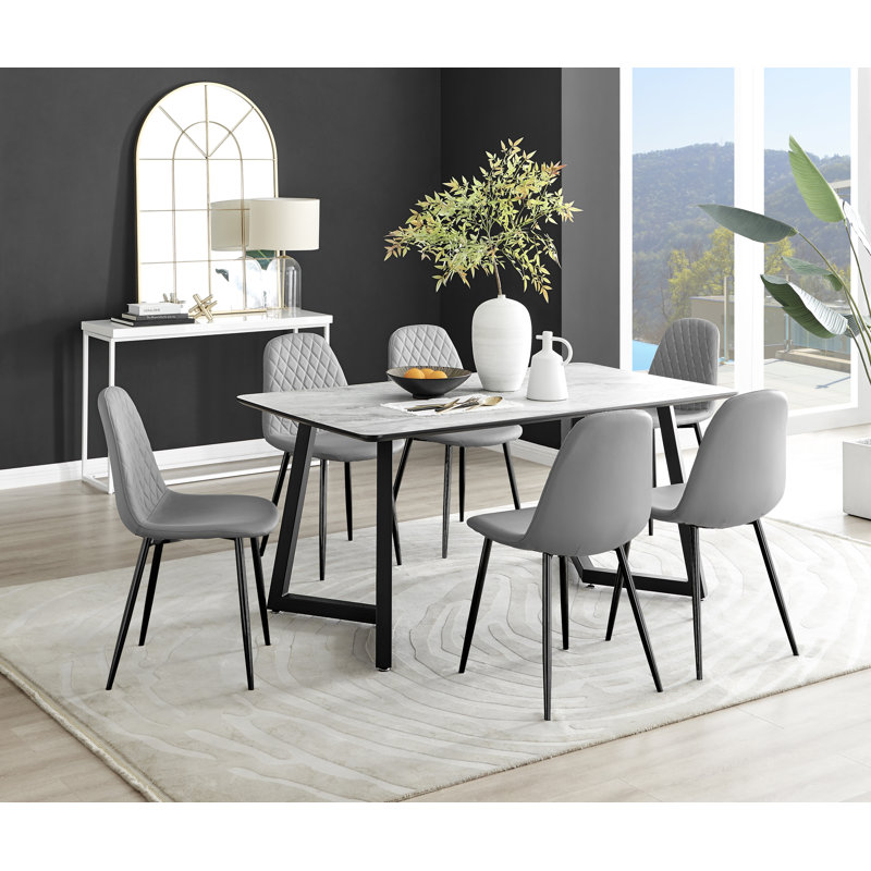 Industrial Design White & Grey Marble Effect Melamine Dining Table Set with 6 Faux Leather Chairs, Gray/Black