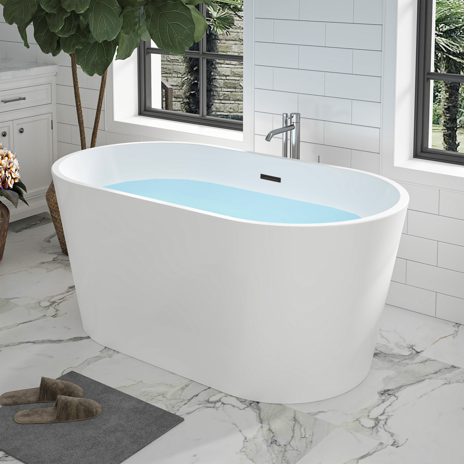 Iris 54" Freestanding Soaking Acrylic Bathtub, White/Oil Rubbed Bronze