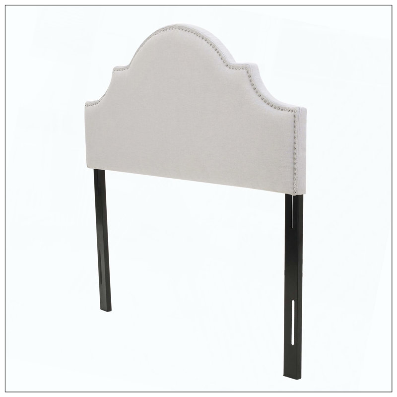 Upholstered Headboard With Durable Metal Legs Adjustable Height And Nailhead Trim For Bedroom, Light Gray