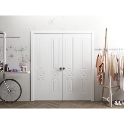 Sliding Closet Double Bi-fold Doors 96" x 80" (4* 24x80) Mela 7001 White Silk Sturdy Tracks Moldings Trims Hardware Set Wood Solid Bedroom Wardrobe Doors