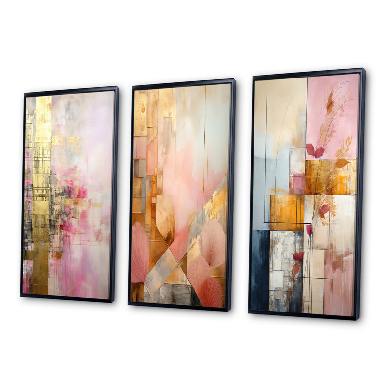 «Allure Boho Chic In Vintage Pink Gold», 3 pièces sur toile, Cadre flottant noir, H 20 po x l 36 po