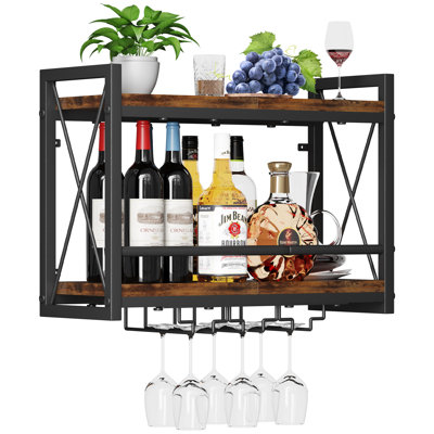 Wall Mounted Wine Rack, Bottle & Glass Holder Wood-Metal Retro Wine Rack, Wine Bottles Display Wall Storage for Kitchen Dining Room Home Bar by Red Barrel Studio