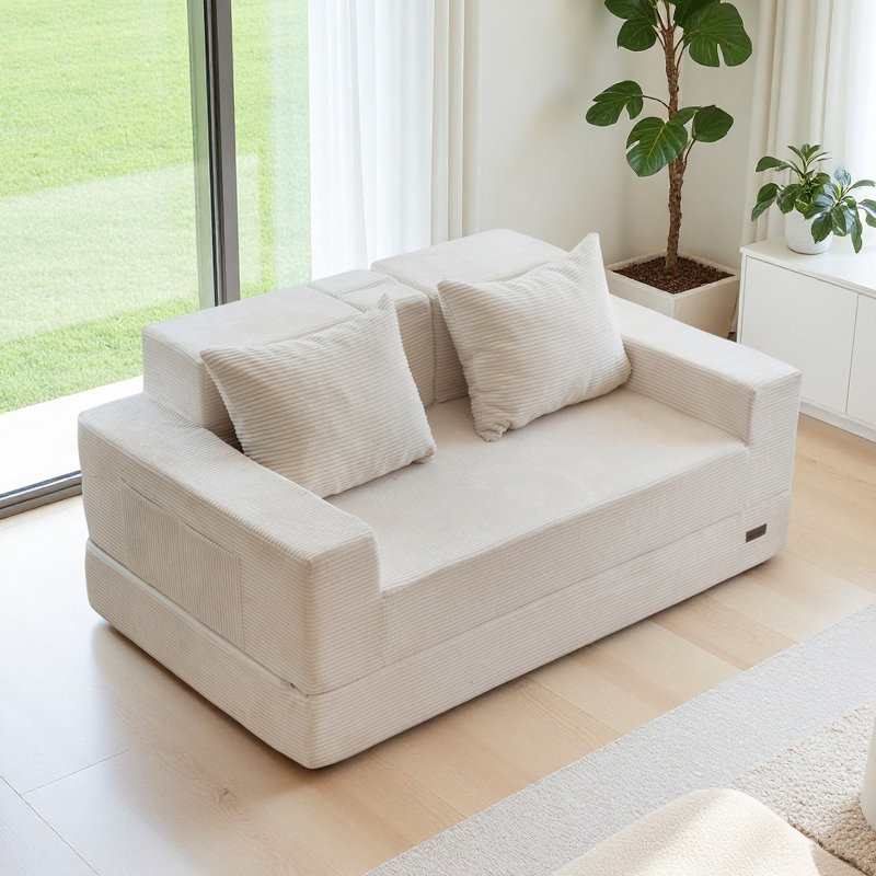 Boneless Black Corduroy Loveseat Sofa Bed, 4 In 1 Foldable Floor Sofa Couch In A Box With 2 Cup Holders, Beige Corduroy
