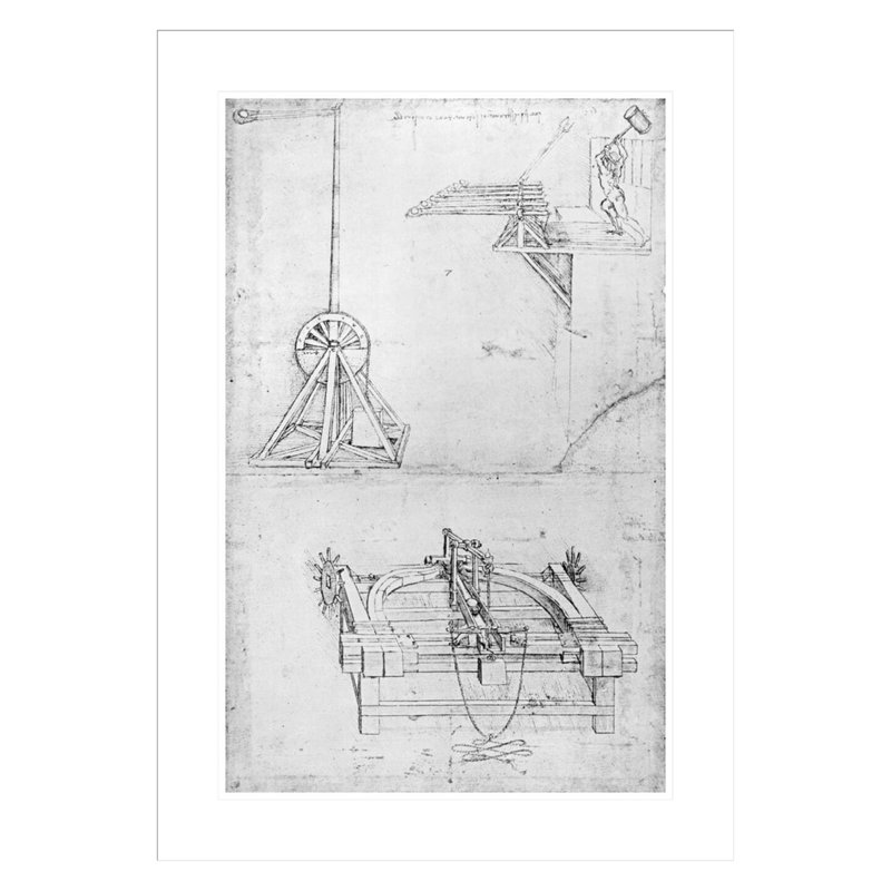 Machine militaire pour catapulte des pierres. «57v from the Codex Atlanticus» par Leonardo Da Vinci - Estampe numérique encadrée