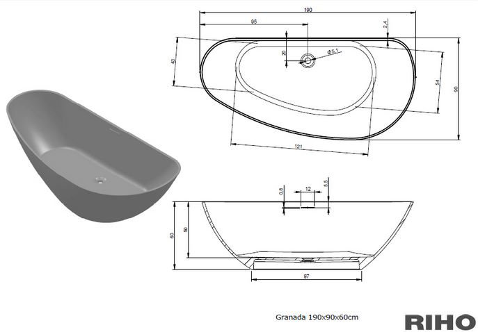 1950mm x 950mm Standard Acrylic Bathtub