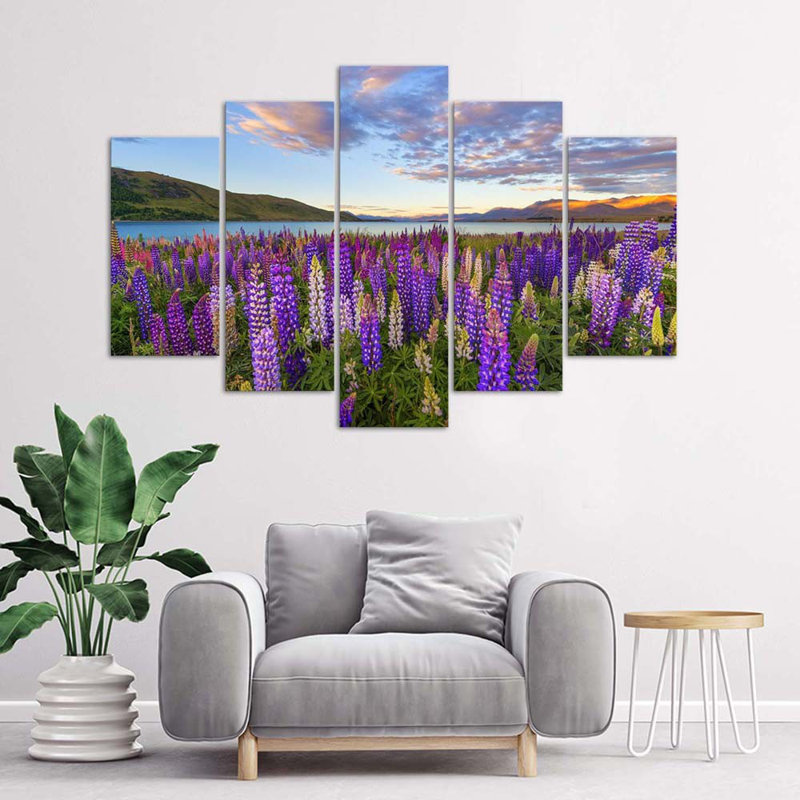 Lavender Lake Flowers - 5 Piece No Frame Print on Canvas