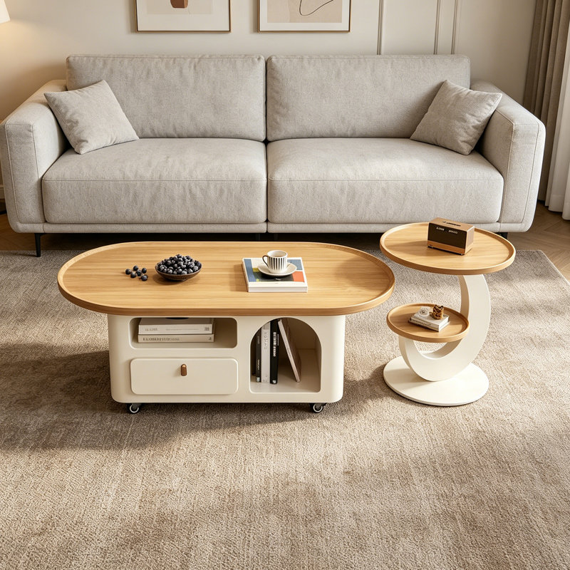 Simple Movable Wood Coffee Table Storage Drawers, 16.53" H x 47.24" L x 23.62" W, Brown/White