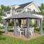 Gazebo de terrasse extérieure 3 m x 4 m avec structure en acier et rideaux, gris-113651719