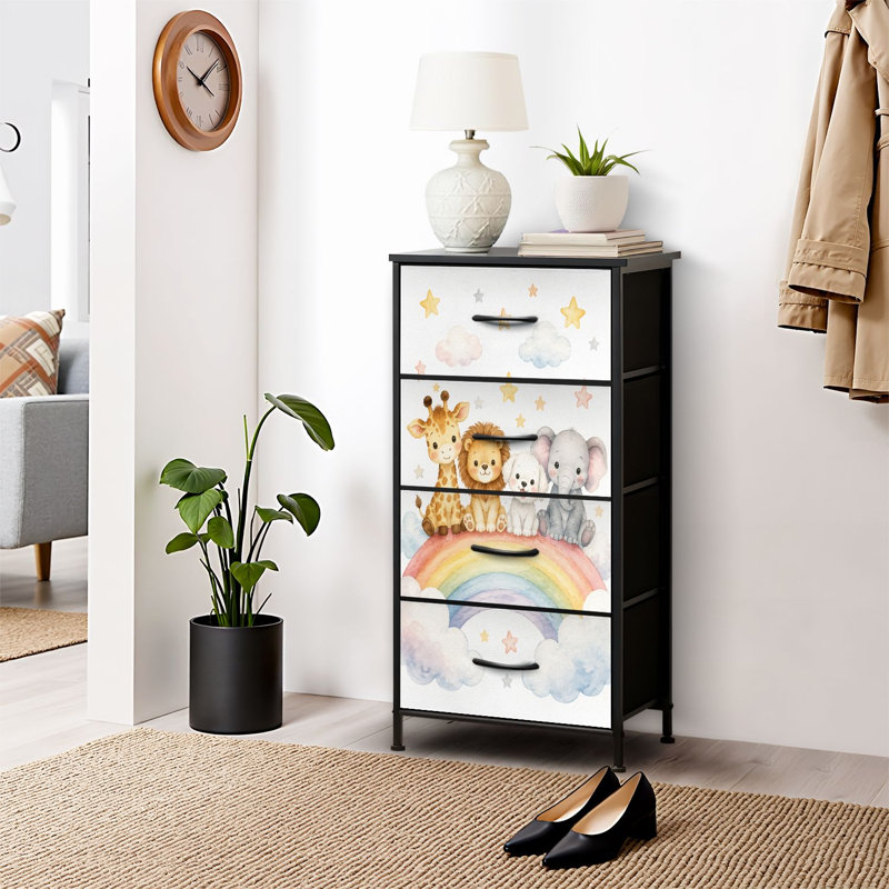 Commode 4 tiroirs pour chambre à coucher, commode étroite, plateau en bois et structure en fer 18 po x 37,5 po - (l x H) - avec adorable imprimé arc-en-ciel