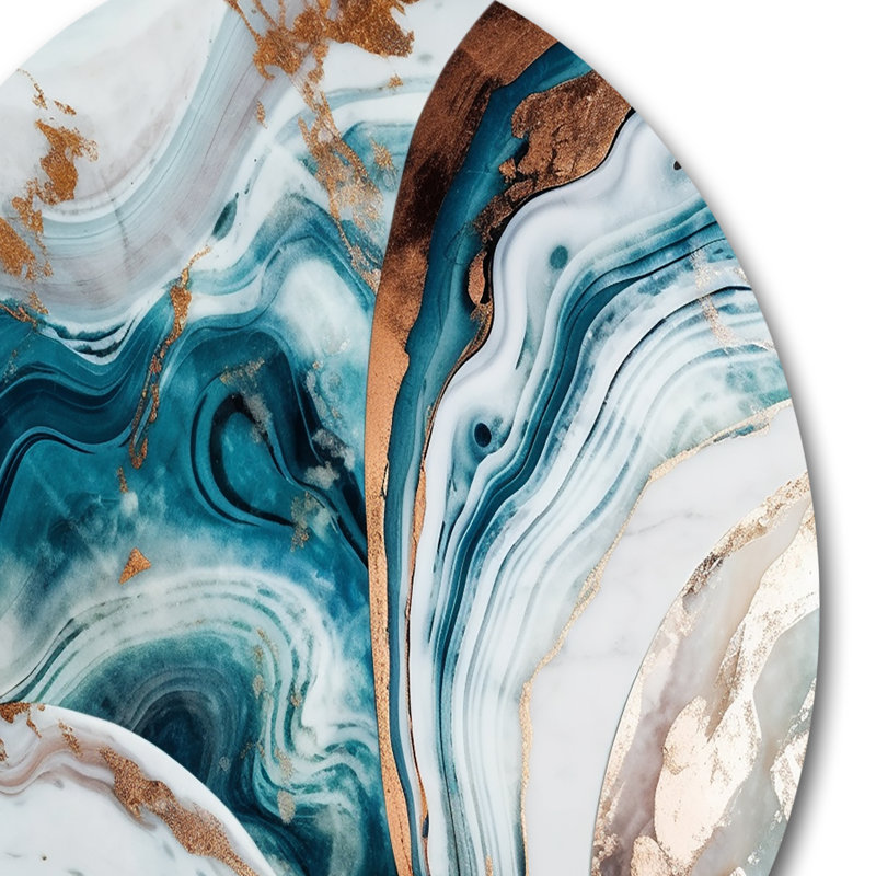 Blue Gold Half Circle Marble Abstract V - Abstract Marble Round Wall Art on Metal, 36" H x 36" W x 1" D